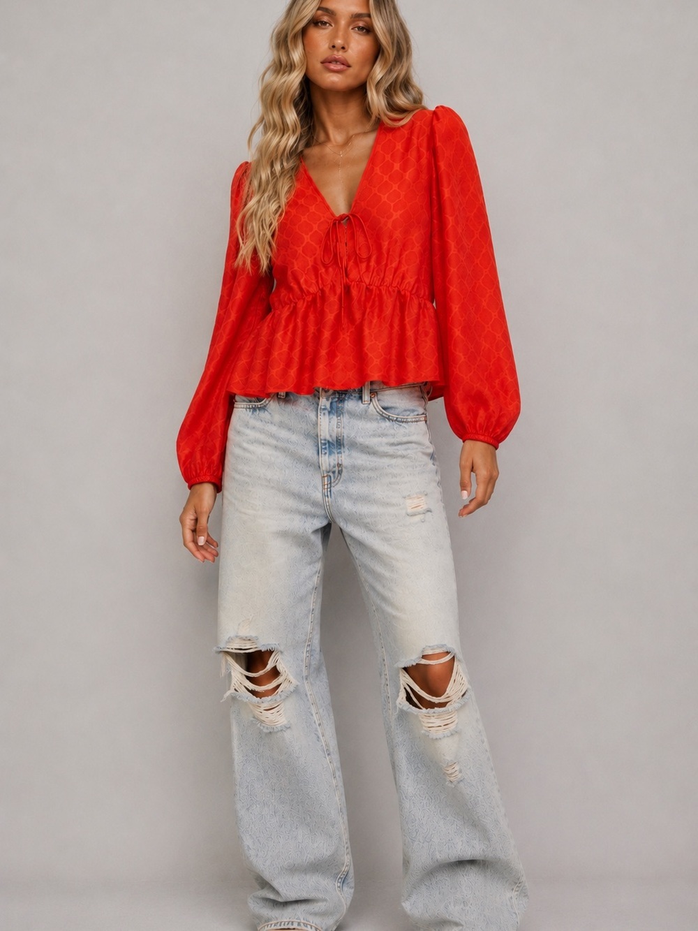 Elizabeth and James Orange Textured V-Neck Peasant Blouse